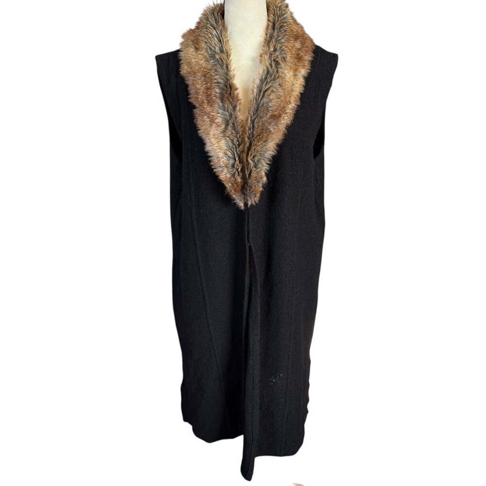 Nine West XL black wool with faux fir trim sleeveless midi length wool coat